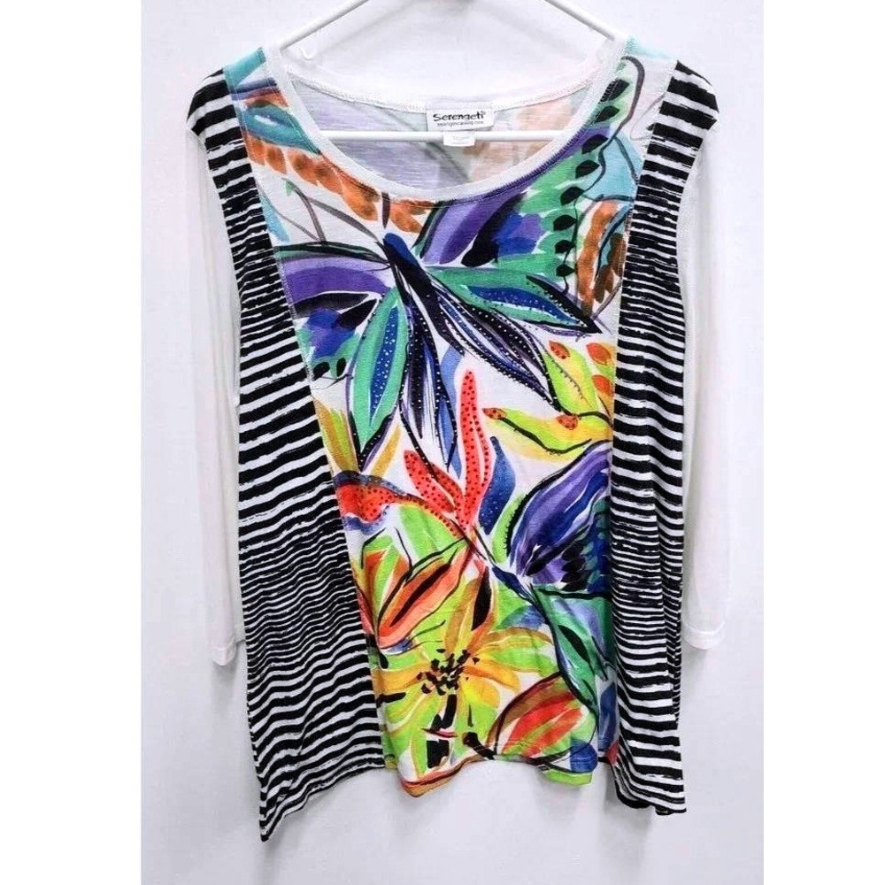 Serengeti Wearable Art Top Womens XL Floral Striped 3/4 Sleeve Tropical Casual
